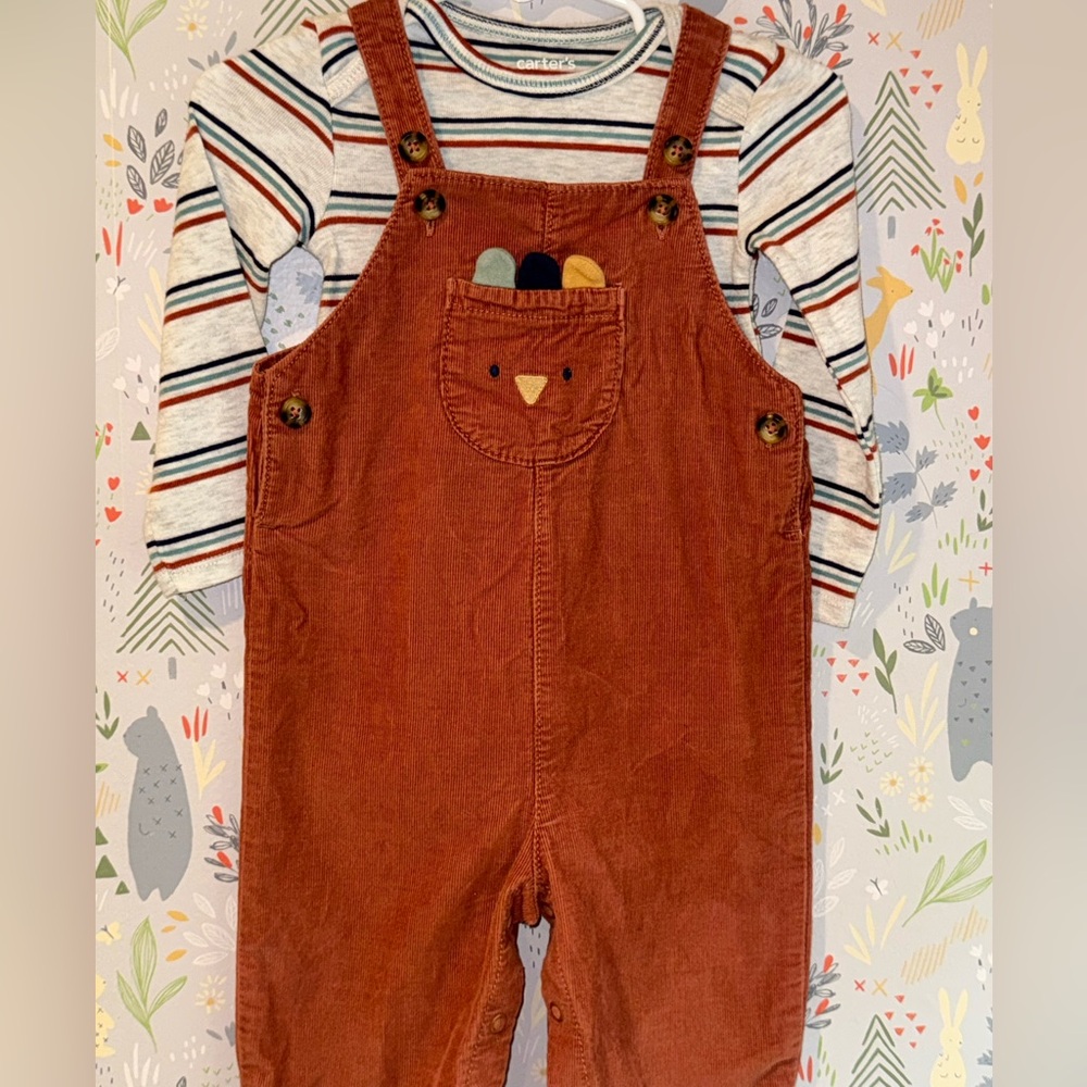 Carters Thanksgiving Turkey Overalls and Long Sleeve Striped Bodysuit Duo 12 mos